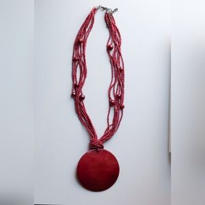 Boho Red Beaded Multi-strand Statement Necklace with Huge Shell Pendant